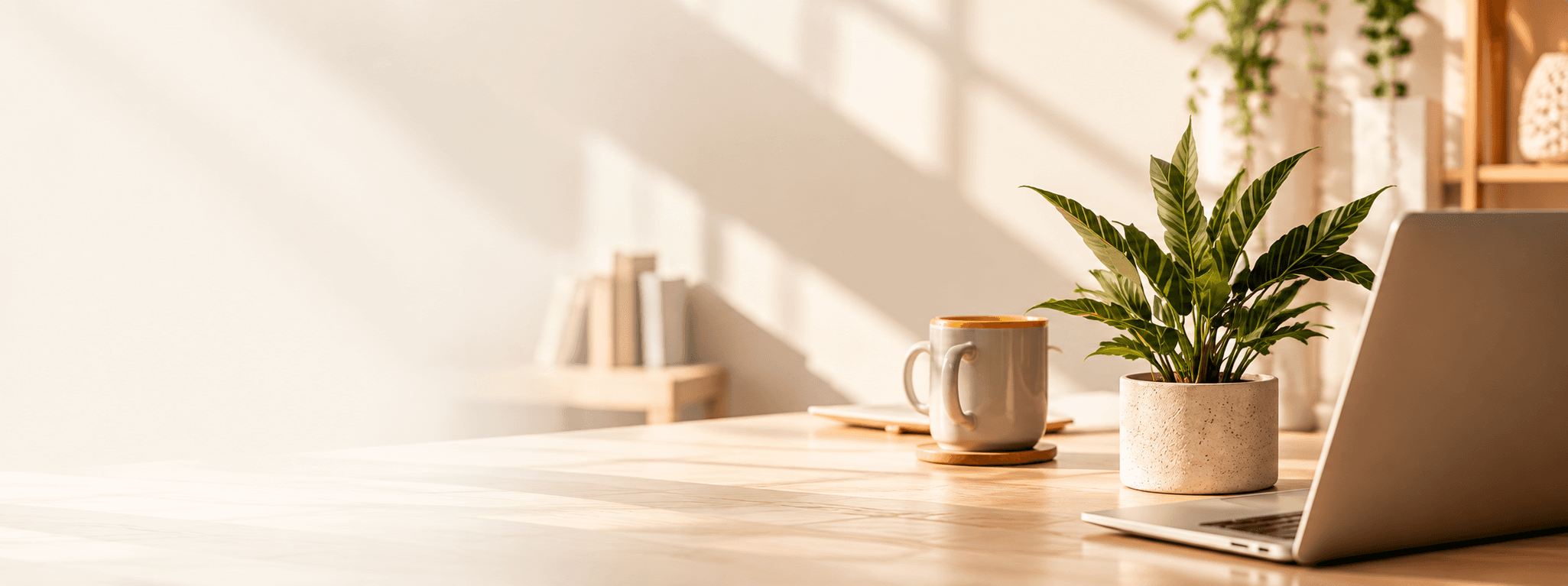 Warm Creative Aventus workspace with a coffee cup, plant, and laptop
